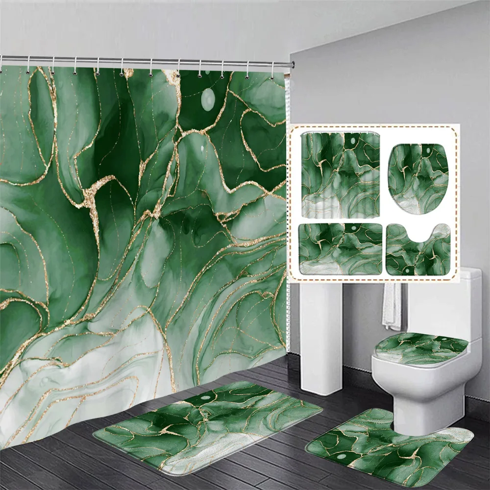Abstract Blue Marble Shower Curtain Set Gold Line Ink Texture Art Modern Luxury Home Bathroom Decor Bath Mats Toilet Lid Cover