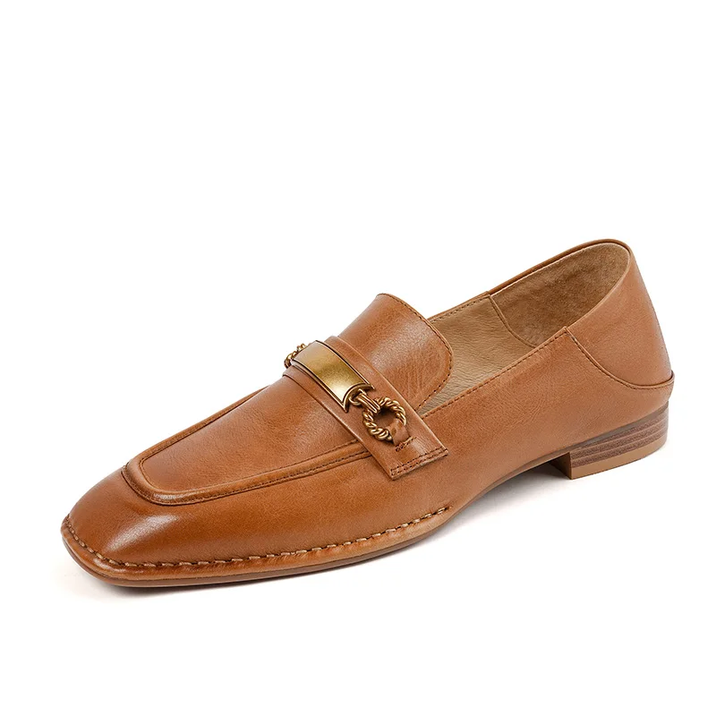 

2023 new Women pumps natural leather 22-25cm cowhide+pigskin full leather square toe loafers Vintage metal buckle women shoes
