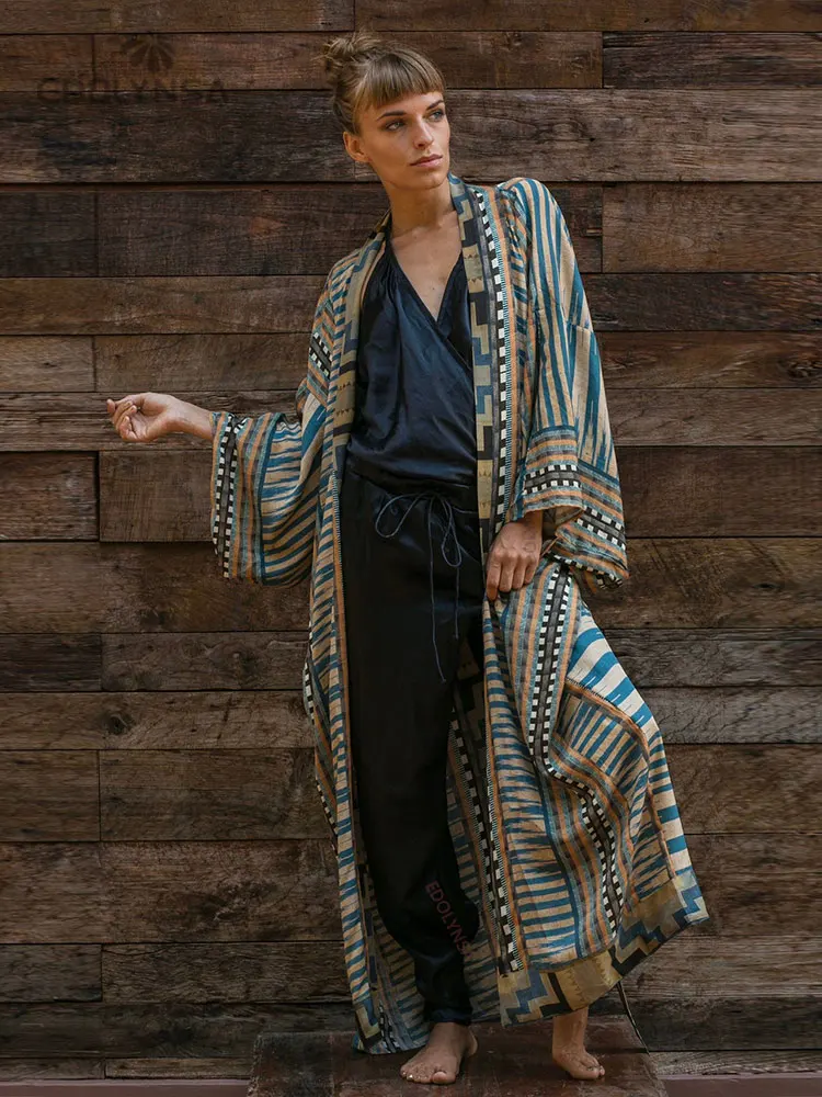 Blue Retro Printed Long Sleeve Self Belted Plus Size Bohemian Kimono Tunic Women Tops and Blouses Shirts Q1228 floral kimono