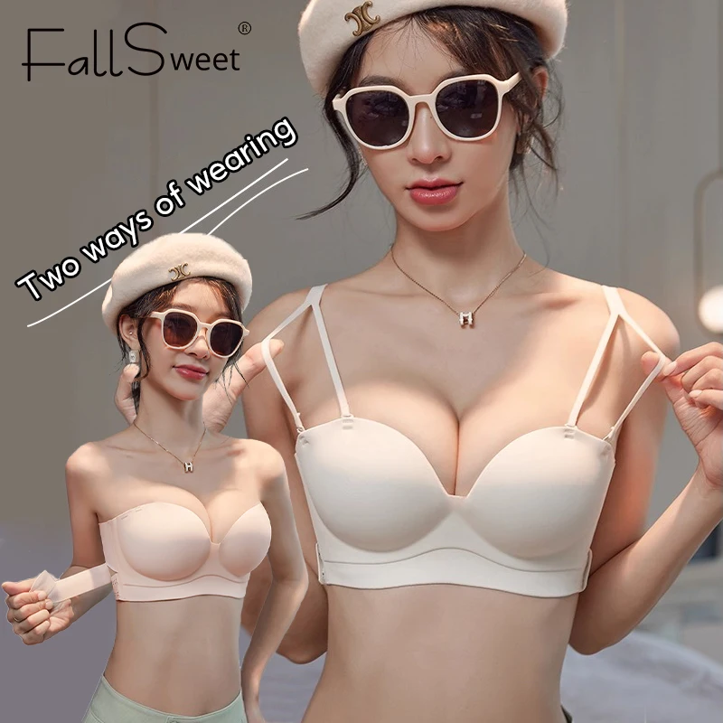 Reggiseno push up senza spalline FallSweet per donna Reggiseni tubolari antiscivolo senza schienale con fibbia laterale Intimo sportivo bralette senza fili - immagine 4