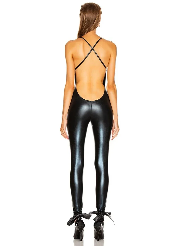 

Sexy Backless Matte Leather Jumpsuits Women Black Spaghetti Strap Rompers Custom Bodycon Stretch V Neck Jumpsuits Party Clubwear