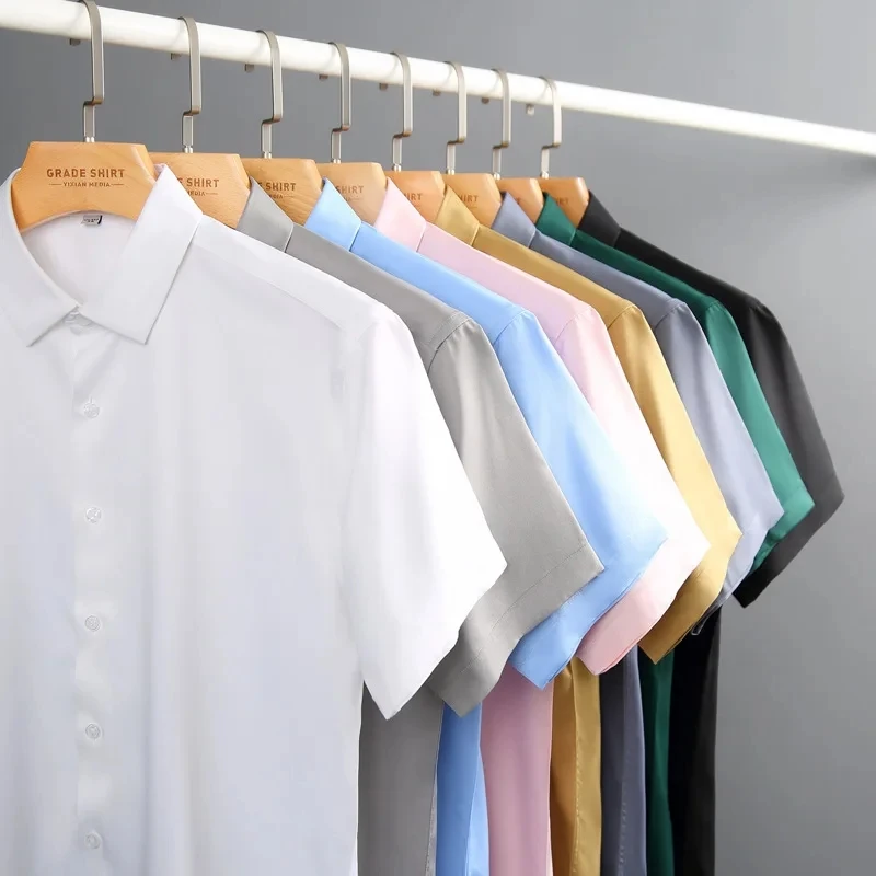Summer Men's Shirt Non-Ironing Anti-Wrinkle Business Casual Solid Color Elastic Smooth Short Sleeves Work Social Shirt S-4XL