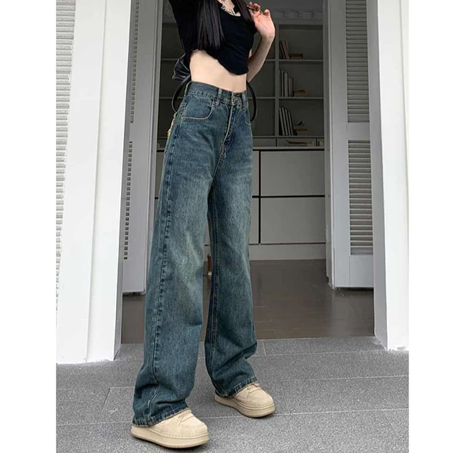 Jean à jambes larges pour femmes, taille haute, contrasté, jambe droite, pantalon ample, Streetwear, automne 6