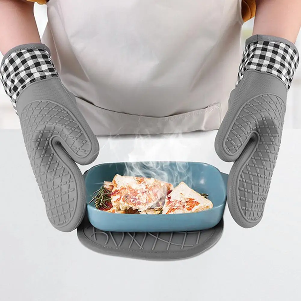 

1Pc Oven Mitt Stain-proof Rhombic Texture No Odor Anti-scald Non-slip Grey Black Baking Glove for Bakery