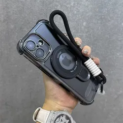 Shockproof Magnetic Bracket Phone Case with Lanyard and Plating Silicone Cover - Nova 12 (Black)