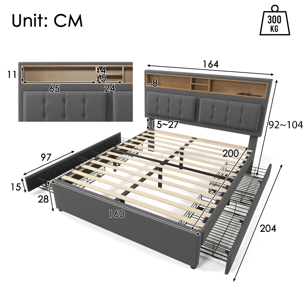 PINGGO Doppelbett mit 4 Schubladen & USB-C-Anschluss, Polsterbett 140x200cm, Höhenverstellbares Kopfteil, Holzlattenrost – Detail 8
