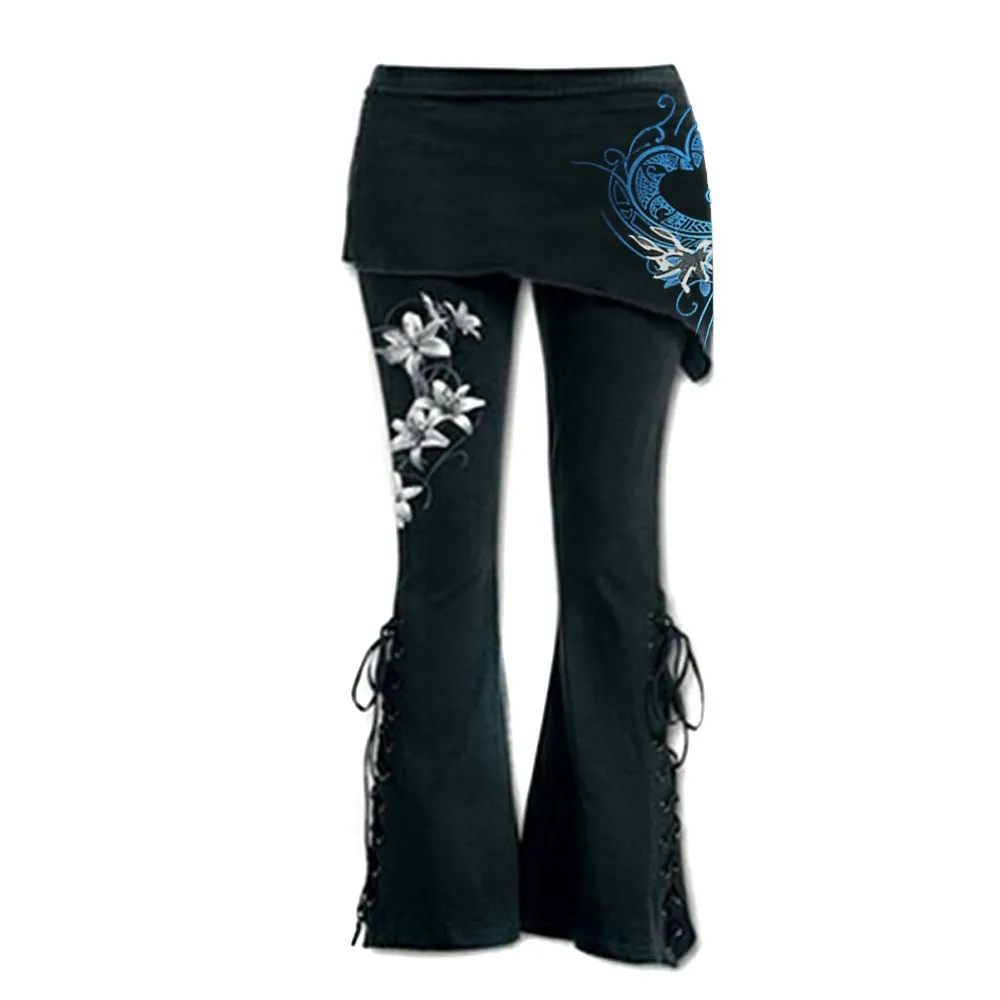 Wide Leg Jeans Women Lace Leggings Casual Embroidered Bottom Black Punk Bandage Flares Up Bell Pants Wide Leg Jeans Flared Pants