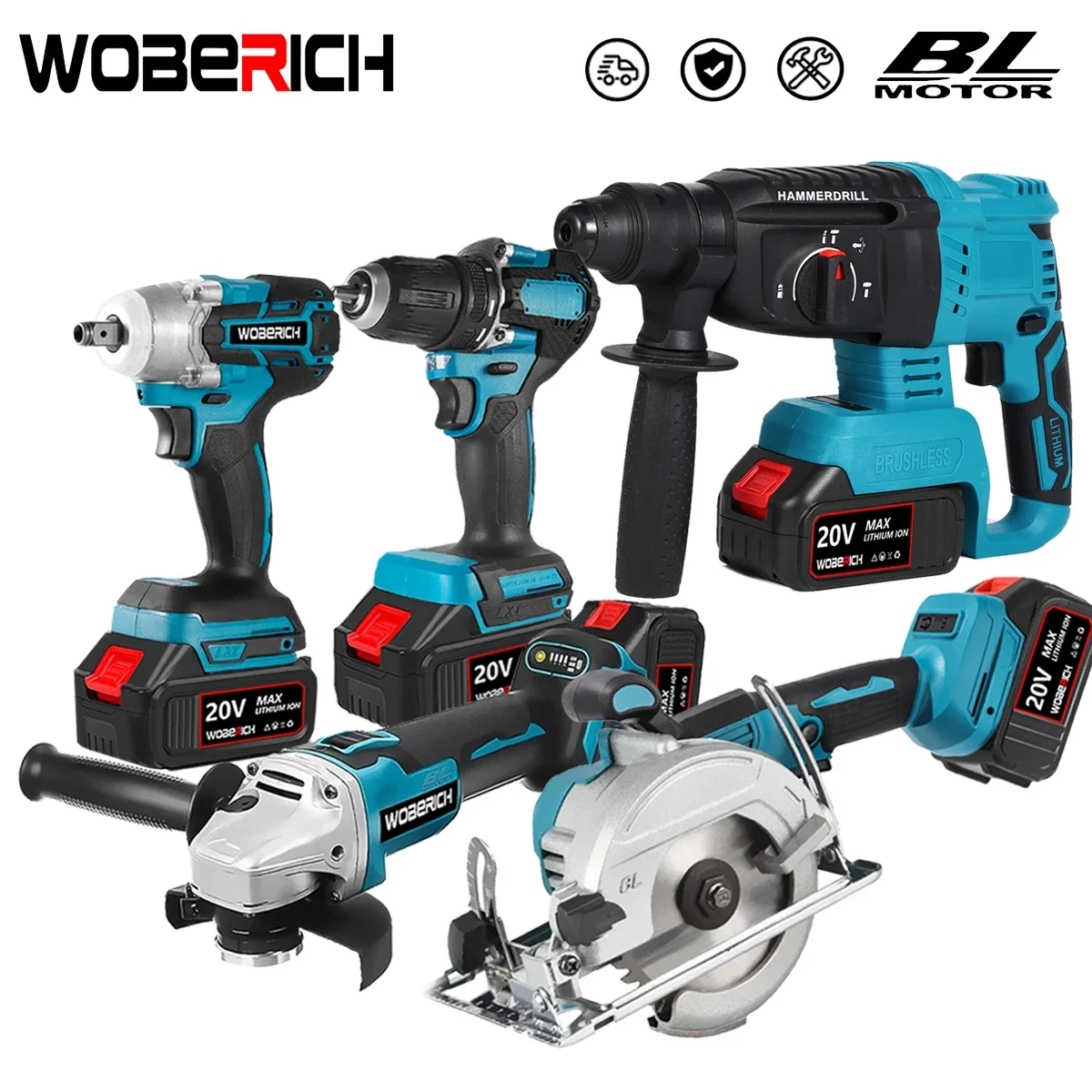 WOBERICH Brushless Cordless Angle Grinder Electric Circular Saw Electric Impact Hammer Drill With 2x Battery Combo Kits Power Tools Sets, brushless cordless angle grinder electric circular saw electric impact hammer drill with 2x battery combo kits power tools sets