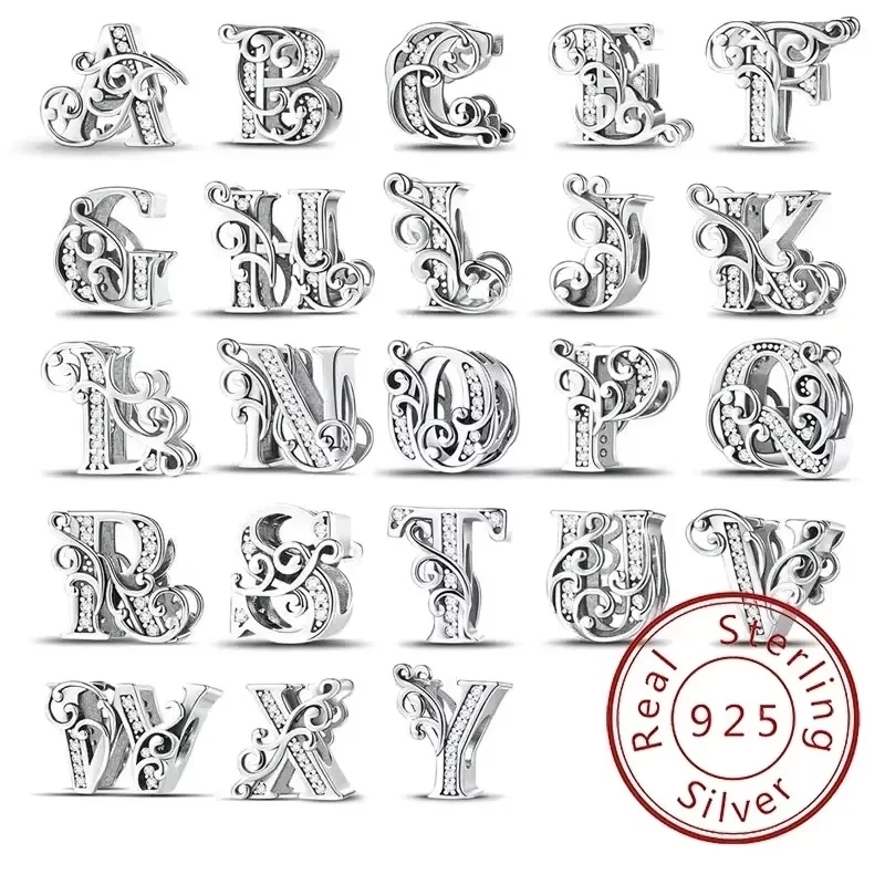 Elegant 925 Sterling Silver English Letter Charm Beads - High-Quality Fine Jewelry Gift