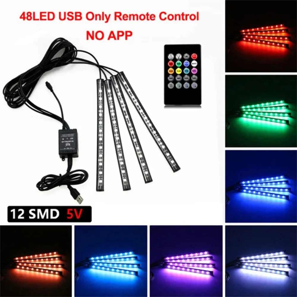 네온 LED 자동차 인테리어 앰비언트 풋 스트립 라이트 키트, 백라이트 원격 RGB 장식 램프, 액세서리