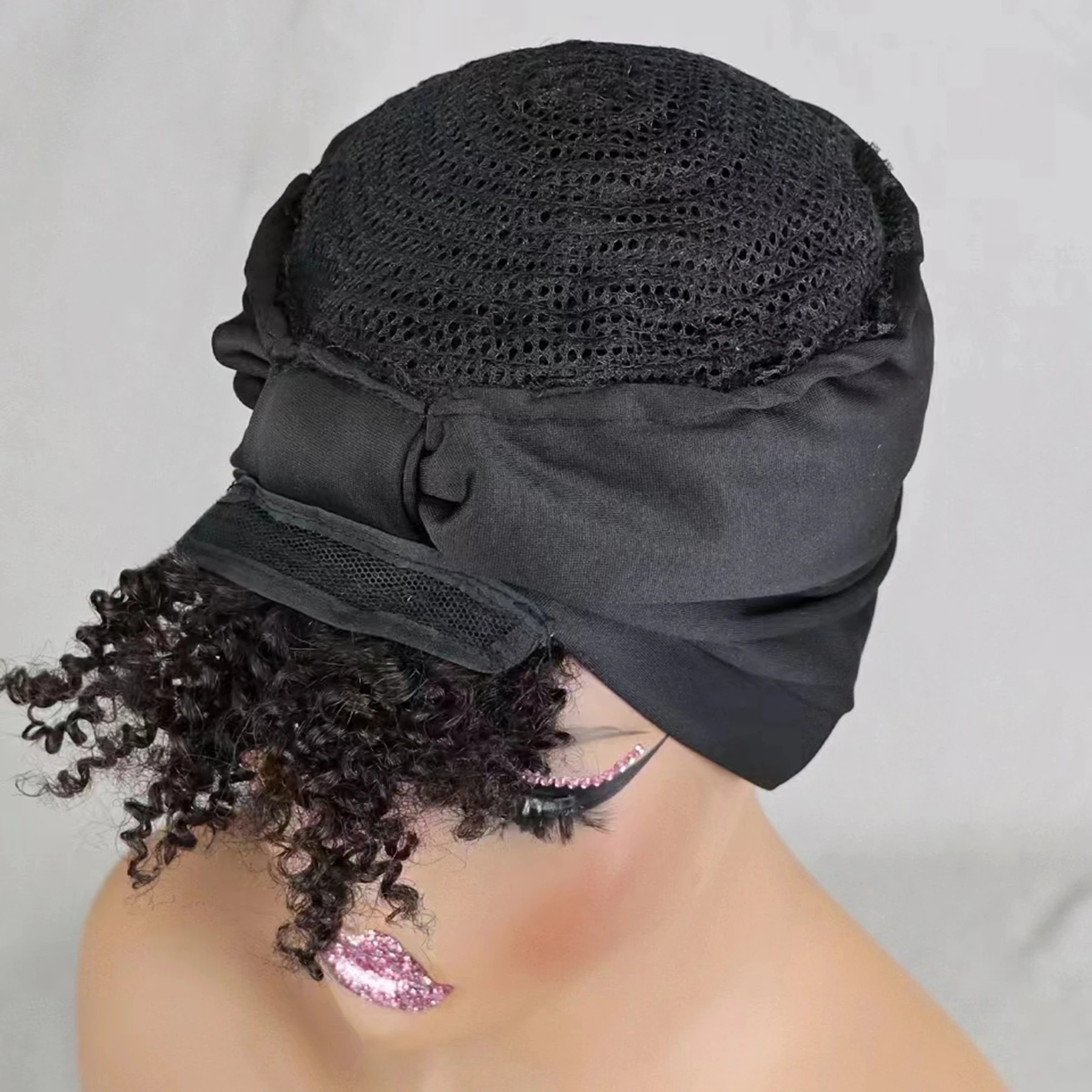 200% 밀도의 기계식 풀메이드 가발 스카프 가발 (앞머리 포함) 자연스러운 아프로 곱슬머리 짧은 인모 가발 (흑인 여성용, 프리플럭킹 처리)