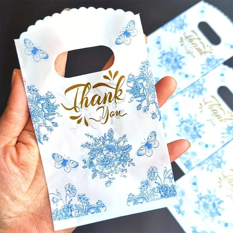 Elegant Blue Butterfly Floral Gift Bags with T-Shaped Handles