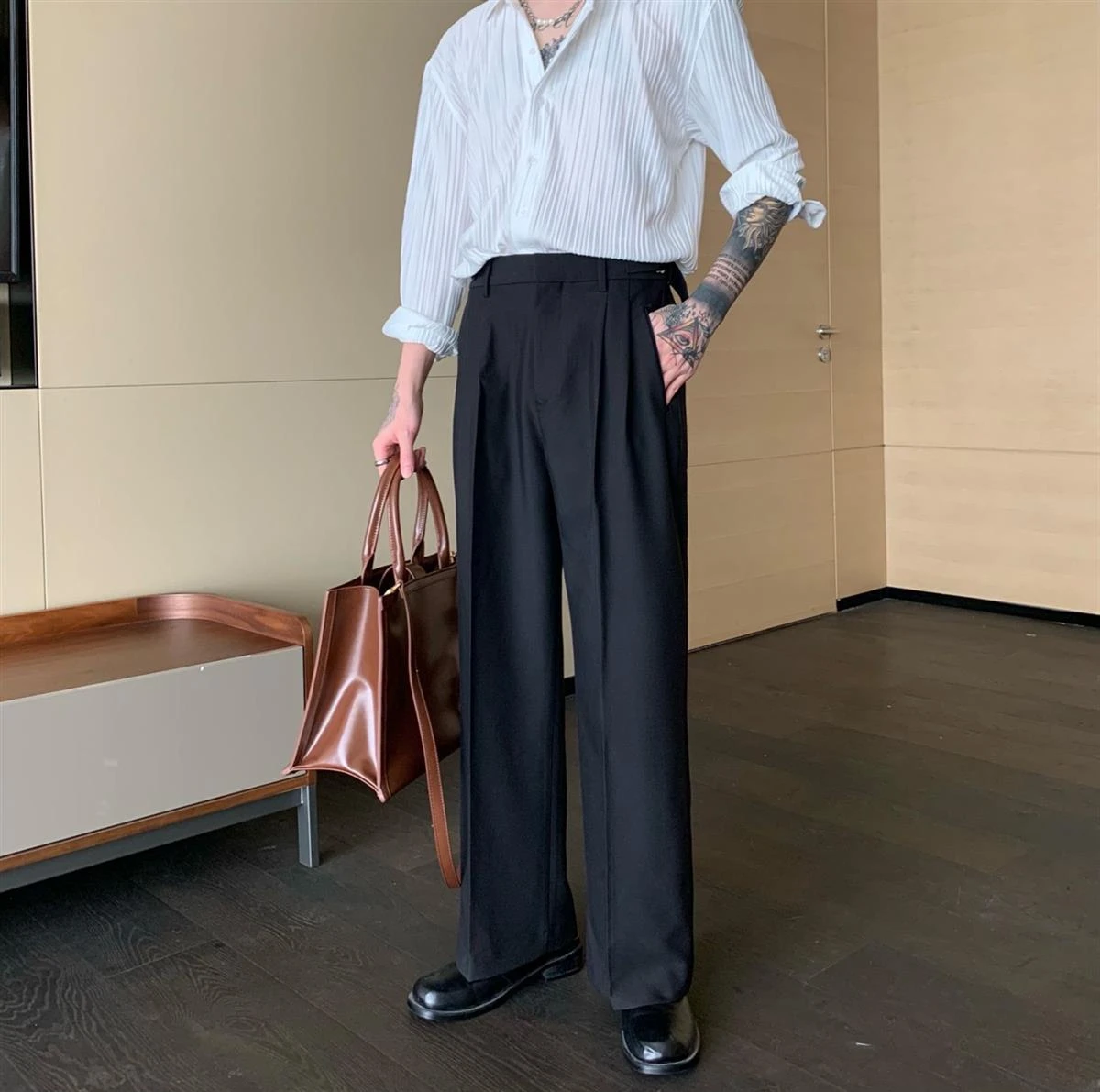New Men Suits Pants Wide Leg Black Pleated Baggy Summer Fashion