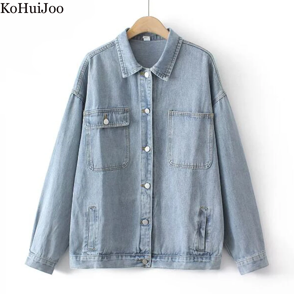 

KoHuiJoo Autumn Plus Size Denim Coat Women Light Blue Long Sleeve Casual Loose Female Outerwear Harajuku Style Jean Jacket