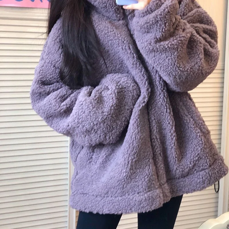 Purple Lamb Wool Coat Women's Winter Warm Clothing 2023 Autumn Winter New Korean Fashion Loose Thickened Solid Coat Jackets