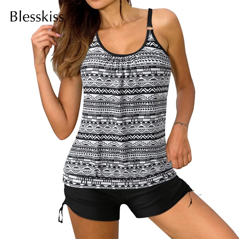 

BLESSKISS 2 Pieces Tankini Swimsuits Women Plus Size Swimwear With Shorts New 2023 Summer Large Bathing Suit Swimming Beach Wear