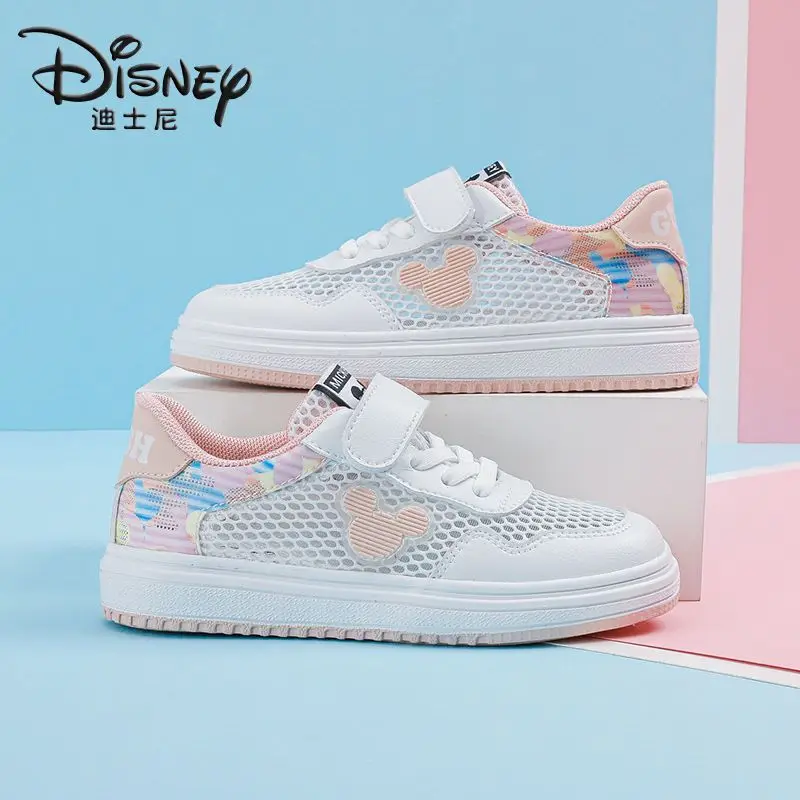 Mickey Mouse Children's Shoes Girls White 2024 High Quality Summer New Mesh Breathable Soft Bottom Light Joker Boys Board Shoes