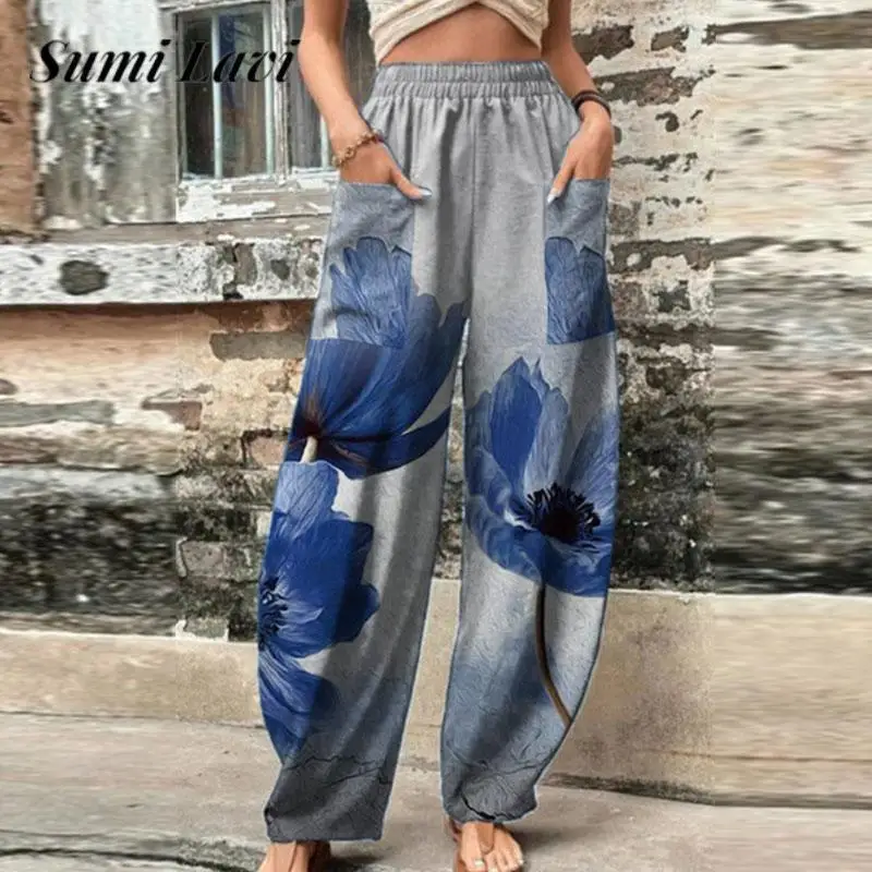 

Summer All-match Pockets Loose Long Pants Vintage Print Elastic High Waist Trouser 2023 Women Casual Linen Wide Leg Harem Pants