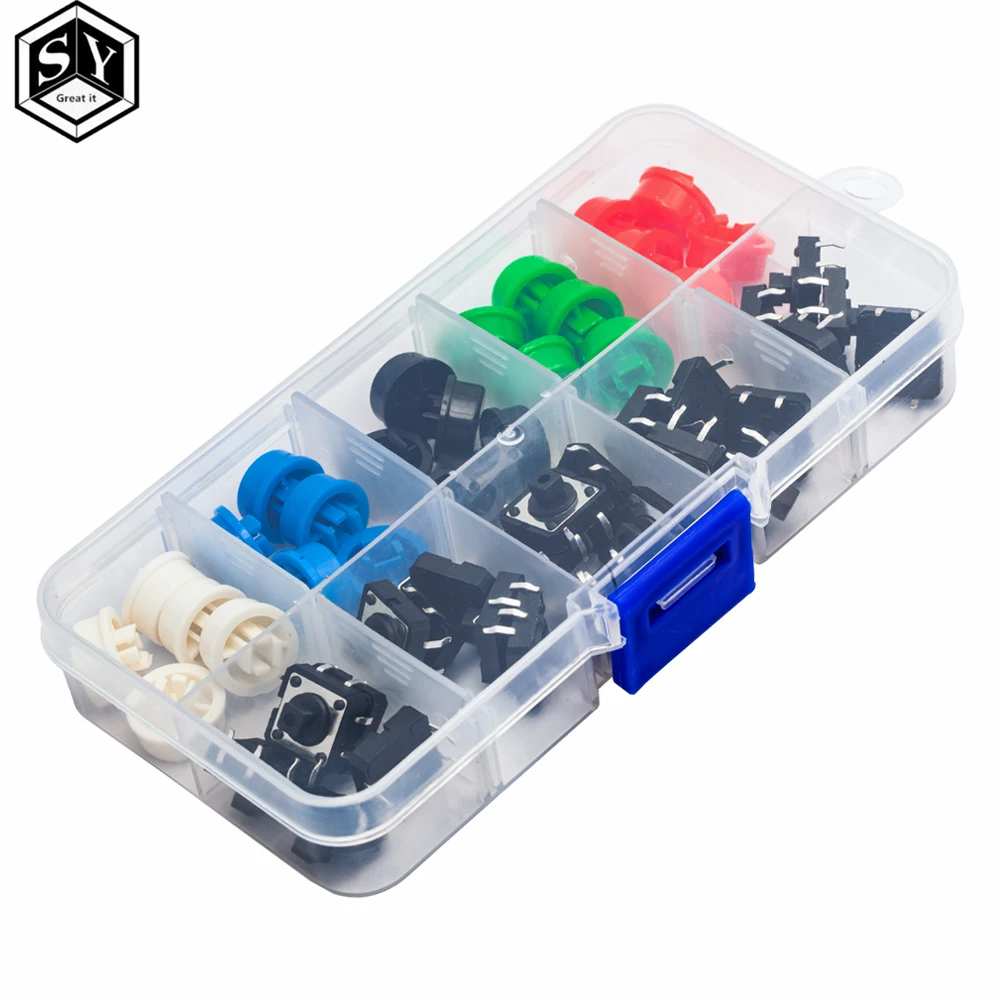 Tactile Push Button Switch 25PCS Tactile Push Button Switch Momentary 12*12*7.3MM Micro switch button + 25PCS Tact Cap(5 colors) for Arduino Switch