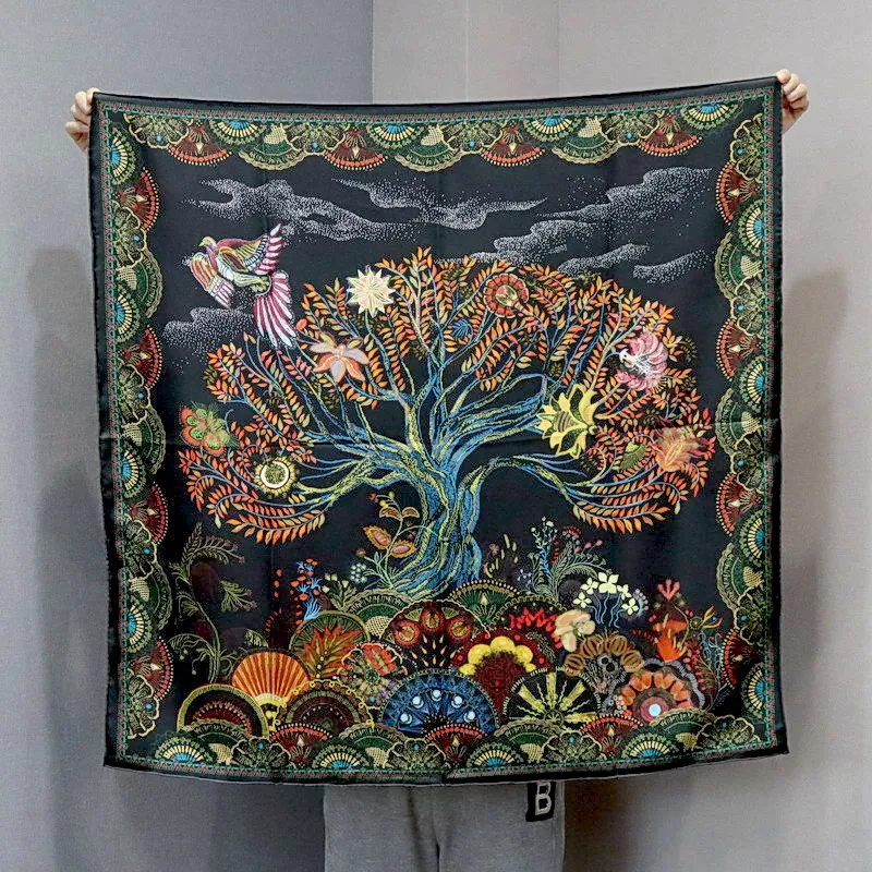 

100% Pure Silk Scarf Women Life Tree Print Square Scarves Wraps Headkerchief Wholesale Hijabs Silk Foulards Bandana 90x90CM
