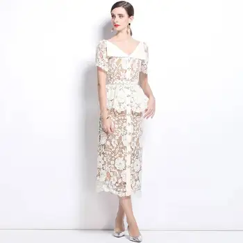 Abito da sera estivo di qualità con perline e diamanti ricamati in pizzo bianco beige da donna, manica corta, volant, peplo, midi, abiti da ballo lunghi