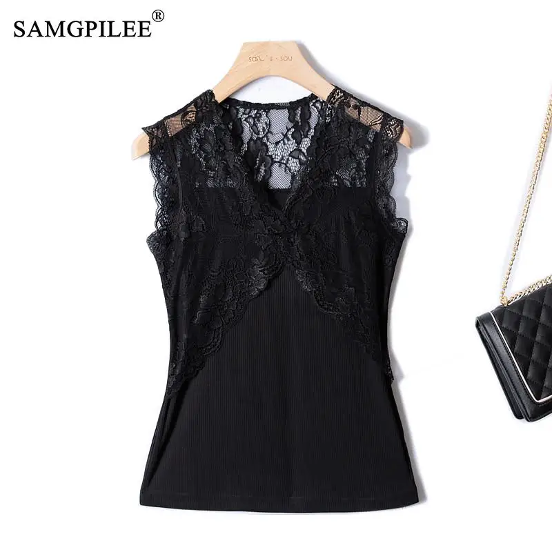 

Топы SAMGPILEE для женщин, Новинка лета 2022, Милая Сексуальная майка, Женская кружевная простроченная облегающая тянущаяся женская футболка, Размер 4XL