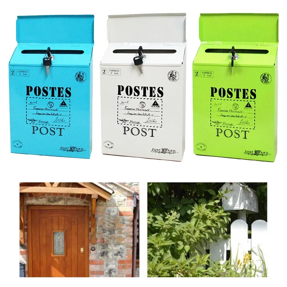 1pc White/Green/Blue Vintage Wall Mount Mailbox With 2 Keys Waterproof Mail Retro Postal Letter Newspaper Box 29*22*6.5cm wall mounted mailbox
