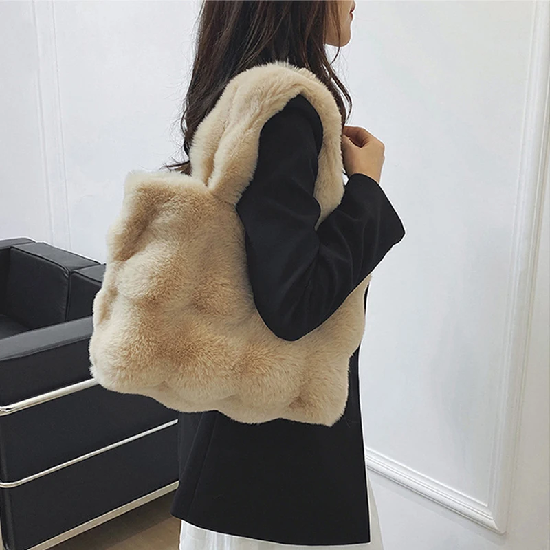 New Women Fluffy Shoulder Bags Autumn Winter Top-handle Handbag Girls Plush Tote Bag Solid Color Commuter Versatile Handle Bag