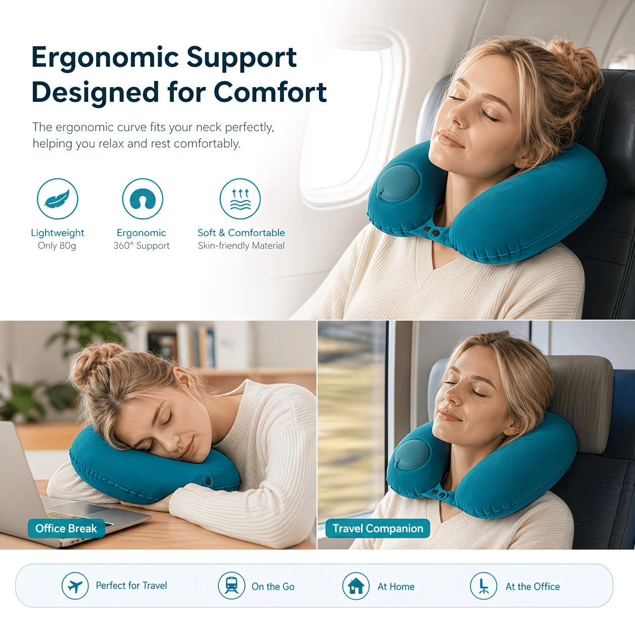 Compact Inflatable Travel Neck Pillow - U-Shaped, Hand-Washable, Portable Design