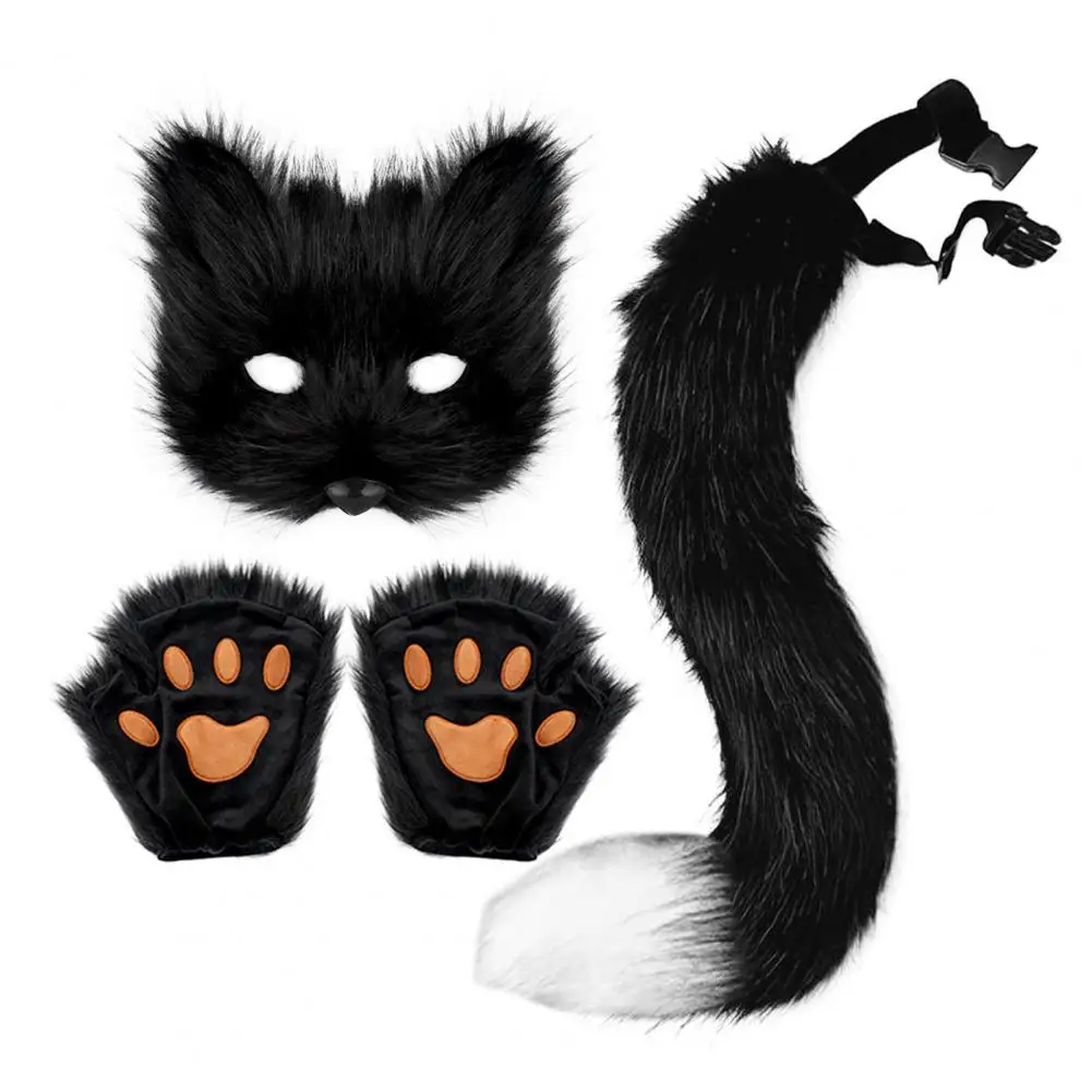 Fluffy Fur Fox Tail Cat Paws Gloves Wolf Mask Set Masquerade Handmade Halloween Cosplay Costume Accessories