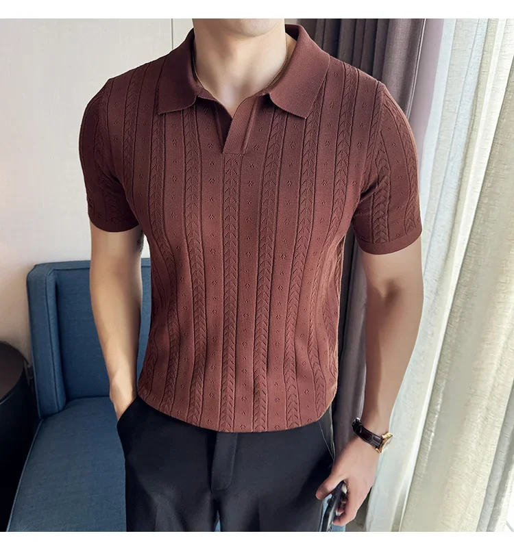 Men's Polo Shirt, Striped Jacquard Knit Short Sleeve, T-shirt V-neck Solid Color Elastic Top 2024. M-3XL,Summer Purple Thin 48 Sd18e747fb5434f379d51c11b5ee52a7cw
