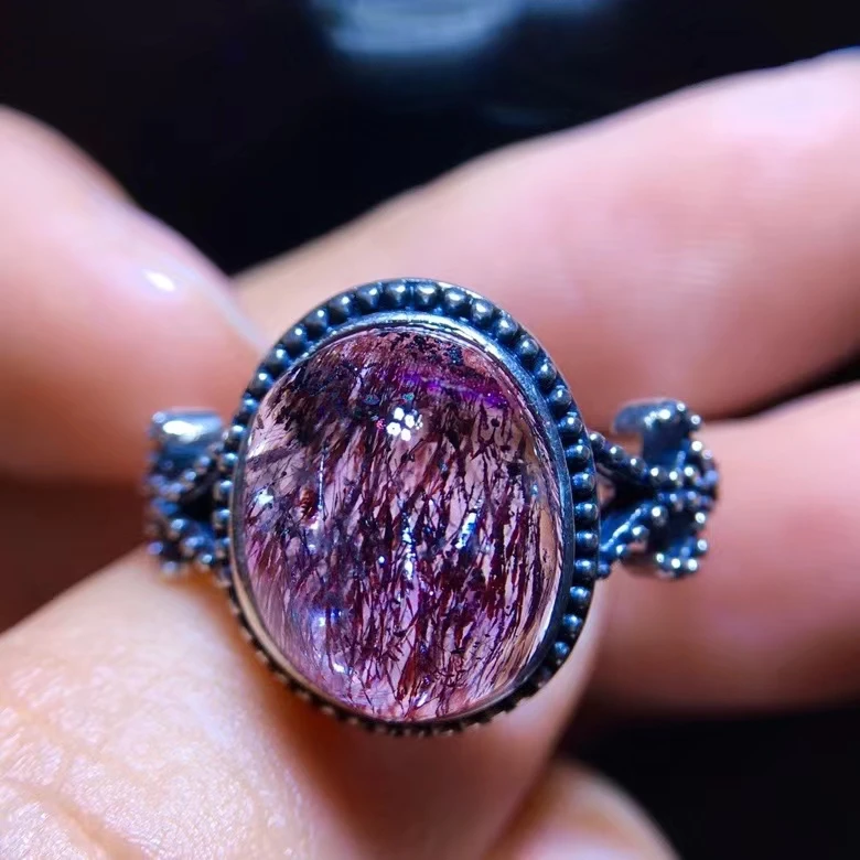 

Natural Purple Super Seven 7 Red Lepidocrocite Quartz Adjustable Ring 18.7/9.2mm Water Drop Rutilated Women Men Jewelry AAAAAA