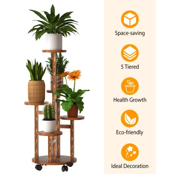 5 Tier Plant Stand with 4 Detachable Wheels Wooden Plant Pot Rolling Shelf Display Rack for Indoor Outdoor Decoration