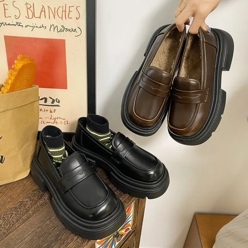 Leather Platform Loafers Woman British Style Thick Heels Oxfords Shoes Women Slip On College Gothic Shoes Fashion Vulcanized New
