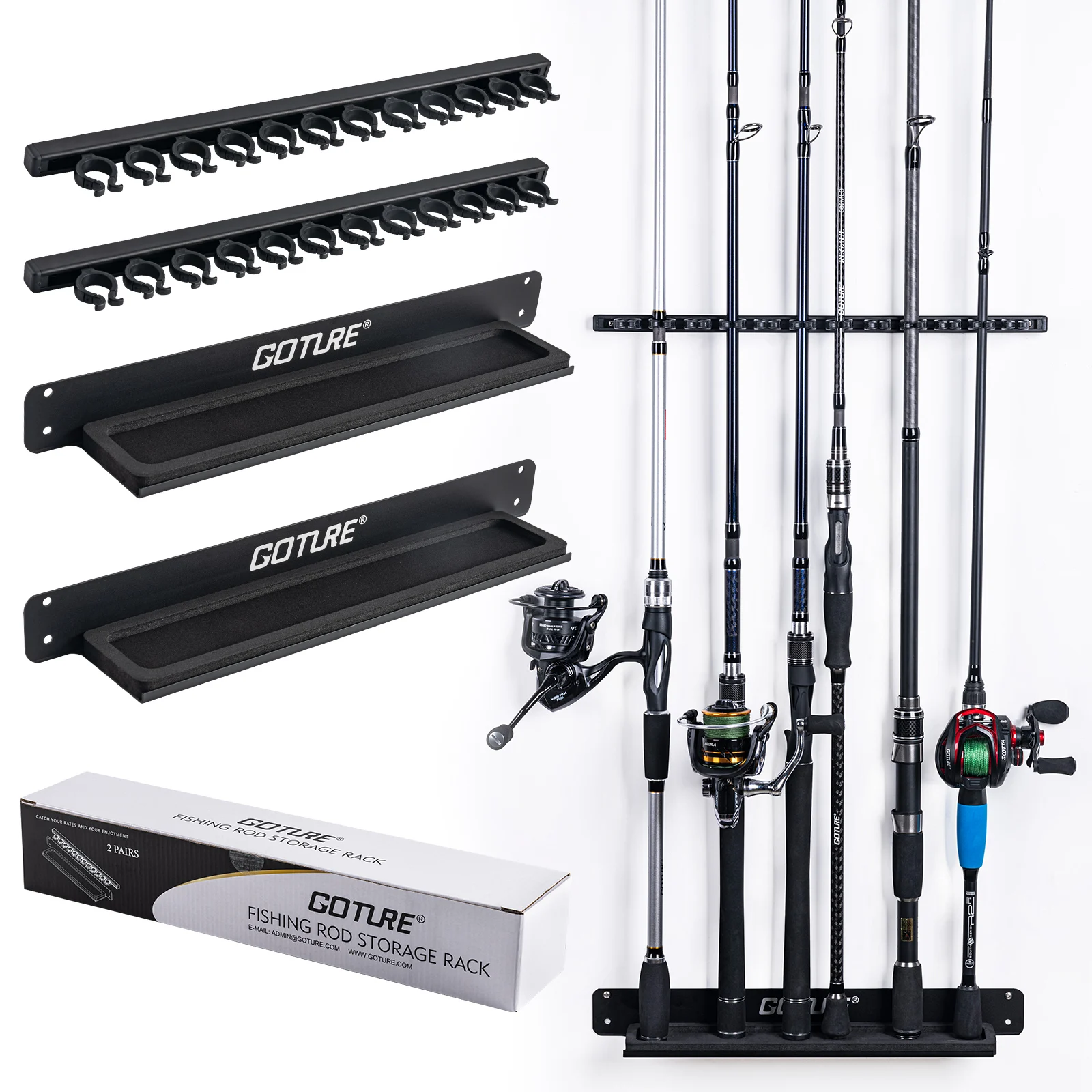 Goture 2 Pcs Fishing Rod Holder Stand Kit 12 Holes Black Silver Vertical  Wall Mount Rack fishing Rod Tackle Storage