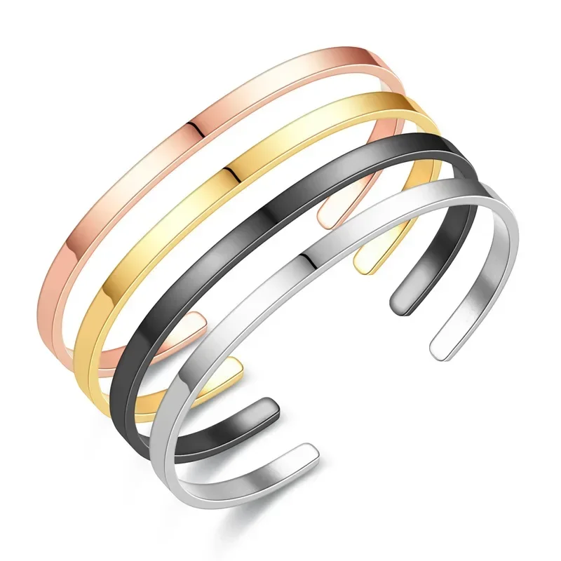 Stainless Steel Bracelet Fashion C-Shape Open Men Women Couple Lover Jewelry Gifts 4MM Adjustable Cuff Bangle