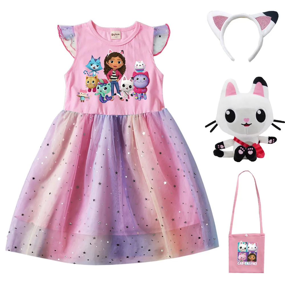 Summer Girls Dress Cotton Cartoon Gabbys Dollhouse Splicing Mesh Party Princess Dresses Mercat Plush Girls Birthday Clothes
