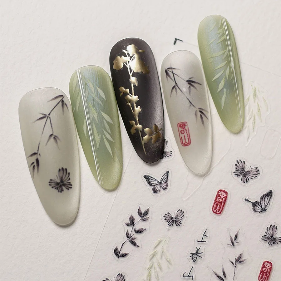 Retro Ink Painting Bamboo Willow Butterfly Orchid Hot Stamping Noble Chinese Style Self Adhesive Nail Art Sticker Manicure Decal