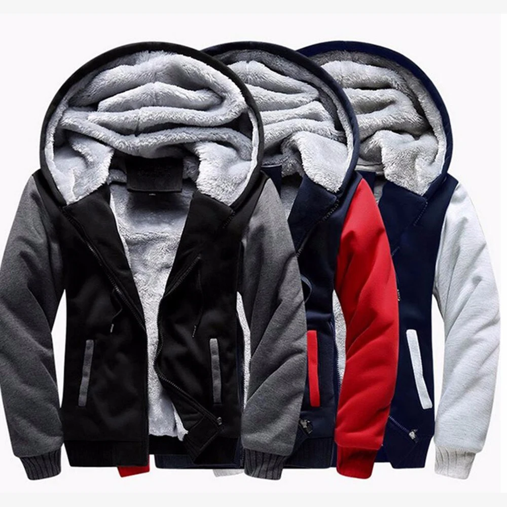 Mens Patchwork Fleece Hoodies Jacket Zipper Coat