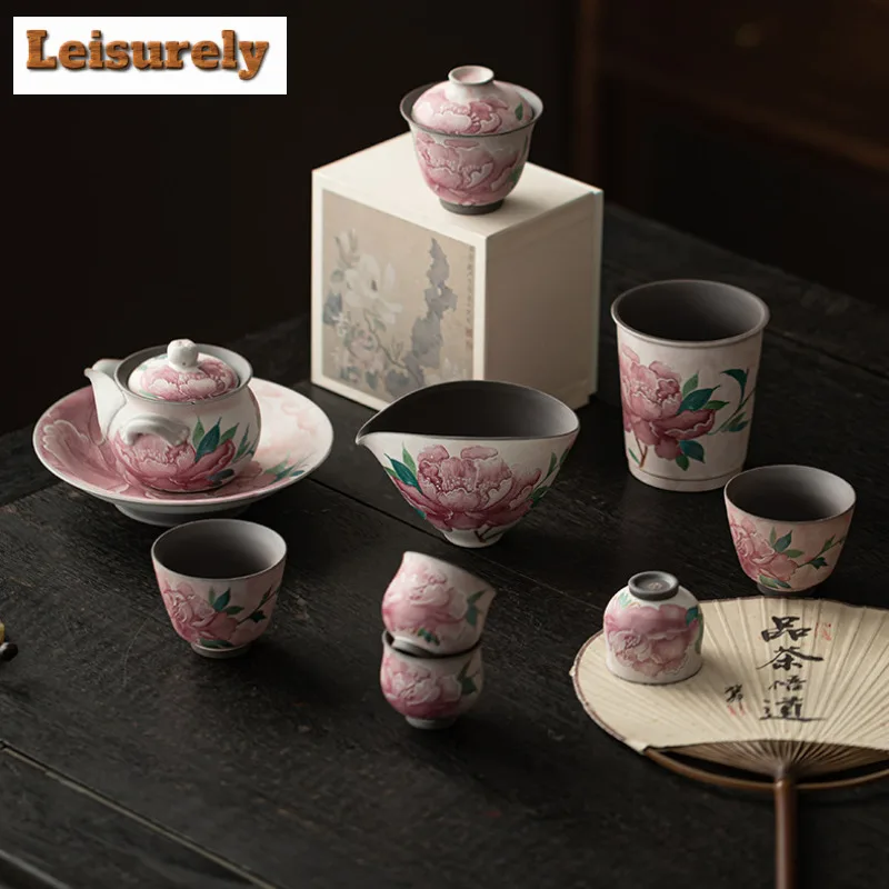 200ml Old Rock Clay Light Makeup Peony Handheld Teapot Antique Tea Infuser Pot Tea Soaking Kettle with Strainer Teaware Craft