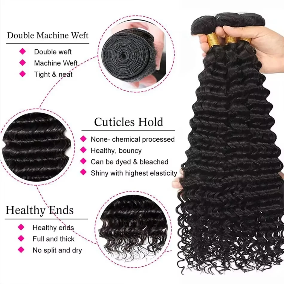 Human Hair Extensions Deep Wave Bundles 1/3 Pieces Raw Hair Human Natrual Doubles Weft Virgin For Black Women