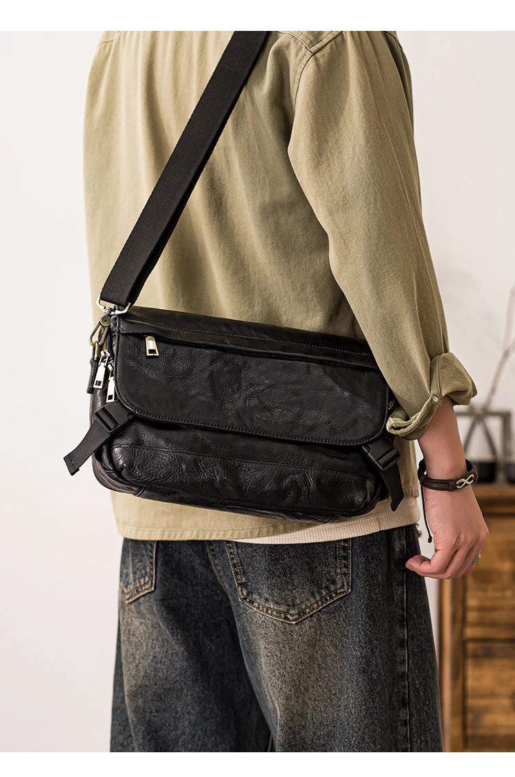Organisatoren Designer handgemachte pflanzlich gegerbte Rindsleder Männer Umhängetasche Mode Persönlichkeit echtes Leder schwarze Umhängetasche – Detail 6