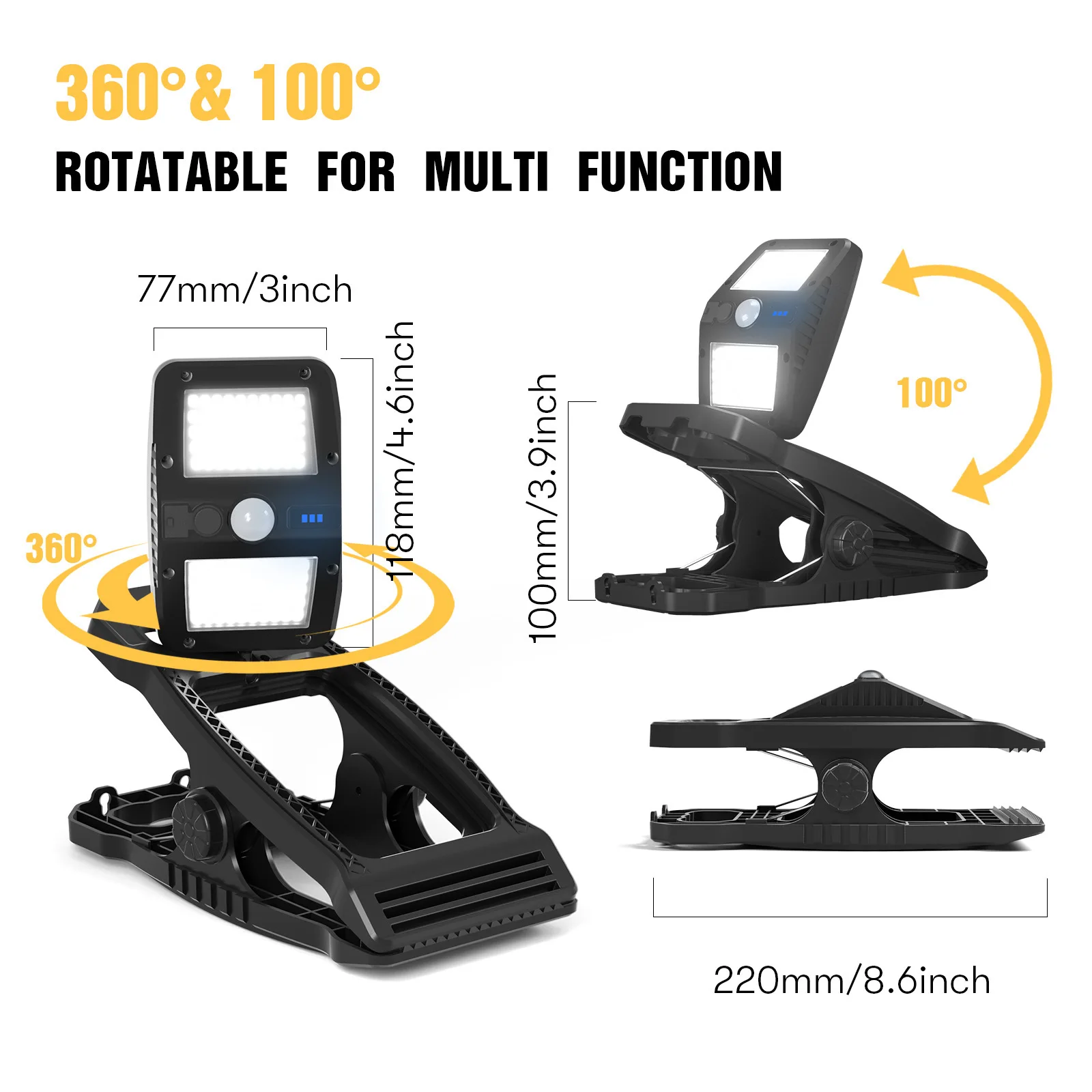 Outdoor Solar Clamp On Motion Sensor Lights Waterproof Work Light 3 Lighting Modes For Camping Fence Walls Garage LED Lamps