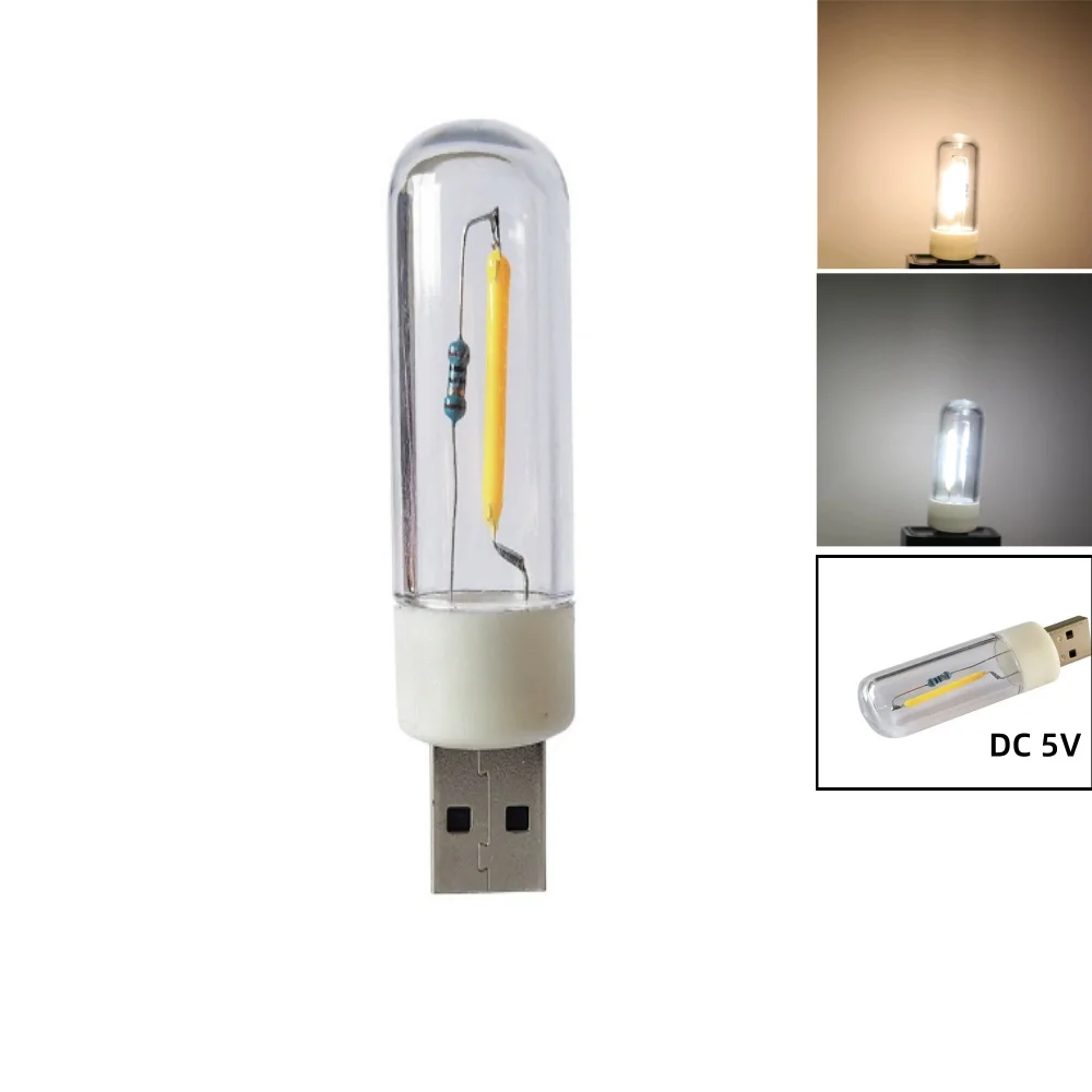 

DC5V Mini LED COB Light Bulb Filament Portable Night Reading Lighting Lamp USB 1W Cold Warm White Lighting Charging Treasure