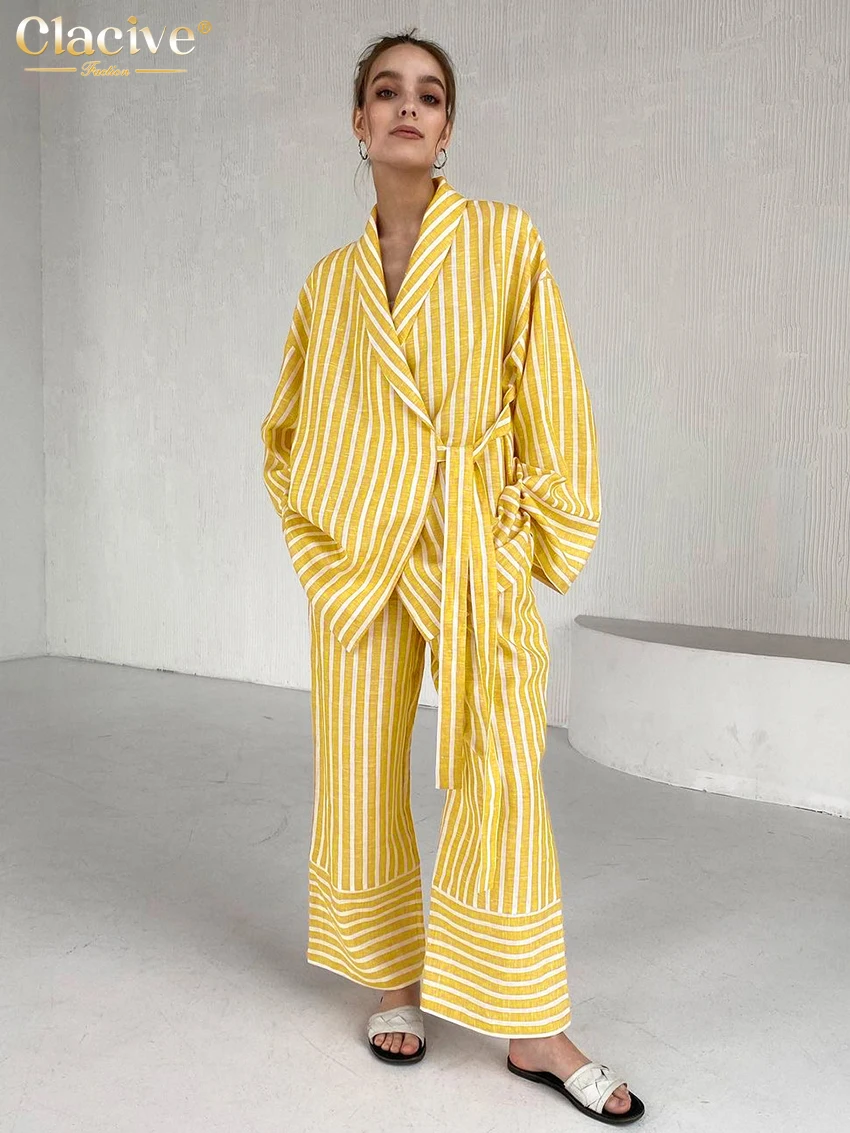 Clacive Casual Yellow Stripe Home Suits Elegant High Waist Wide Pants Set Fashion Long Sleeve Shirts Two Piece Set Women Outfit [fila]lifeware stripe men s t shirts