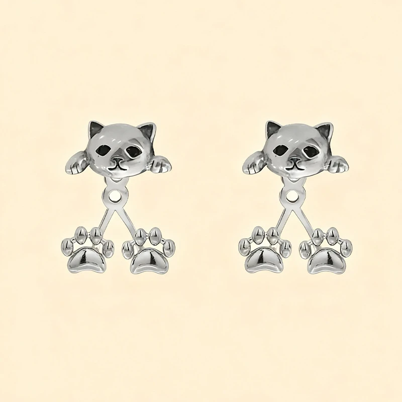 KittyNook Cat Co. Vintage Silver Cat Back-Hanging Earrings with kitten silhouettes and dangling paws.