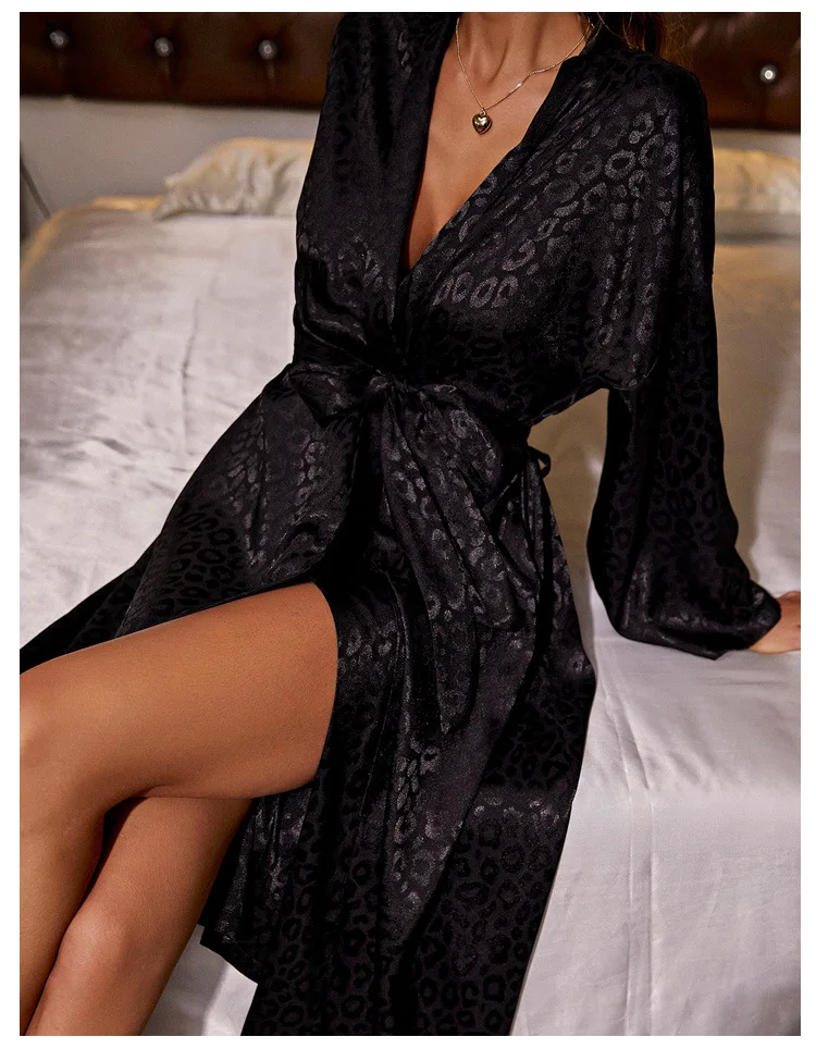 Home Black Long-Sleeved Robe Thin Sexy Ladies Lace-Up Gown Simple Cardigan Pajamas Ice Silk Bathrobe