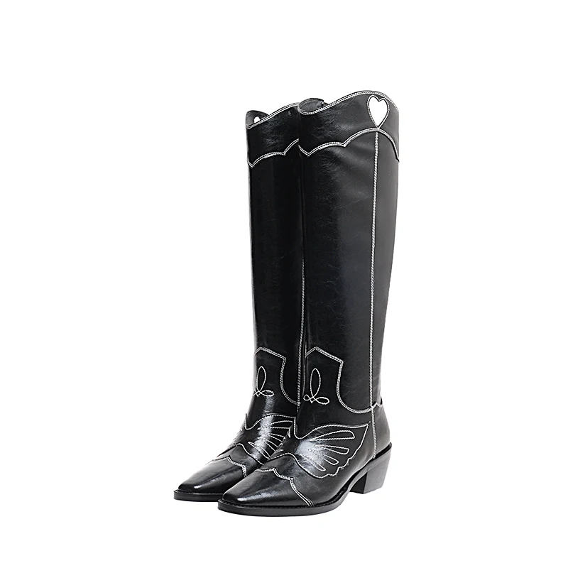 

New Arrival Women's Cutout Heart -shaped Chelsea Knee High Boots Designer Chunky Heels Slip-on Long Boots Retro Chaussure Femme