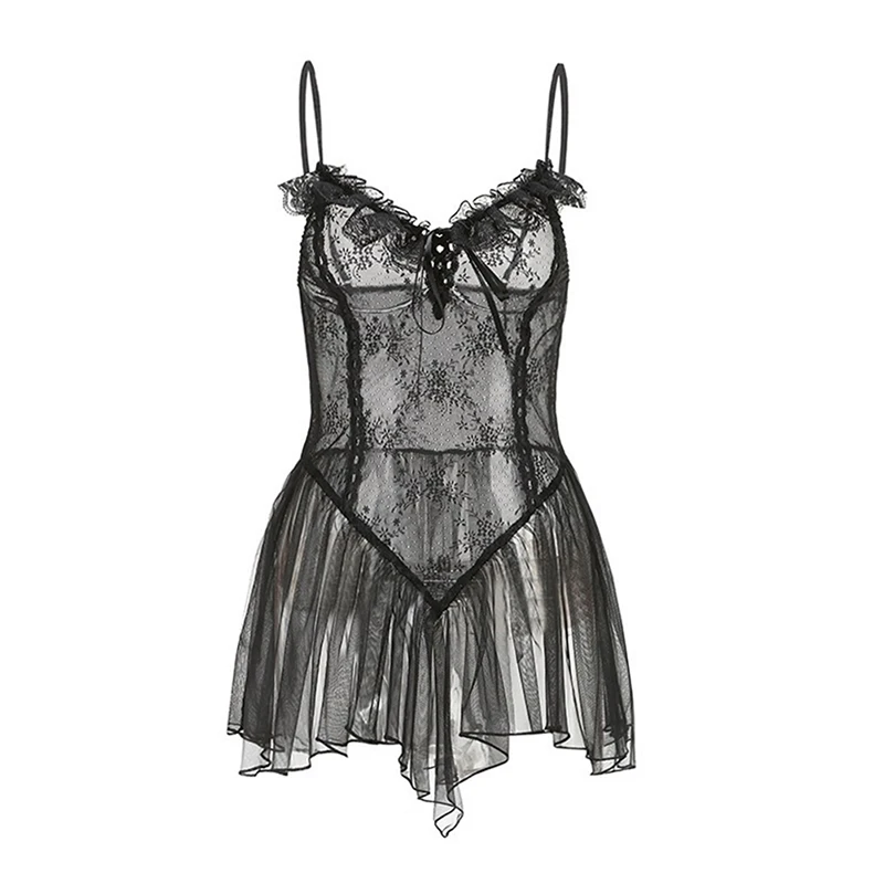Women Lingerie Set Sexy Lingerie Black Lace Short Nightdress Women Perspective Underwear Suspender Slim Dress Lolita Exotic Costume