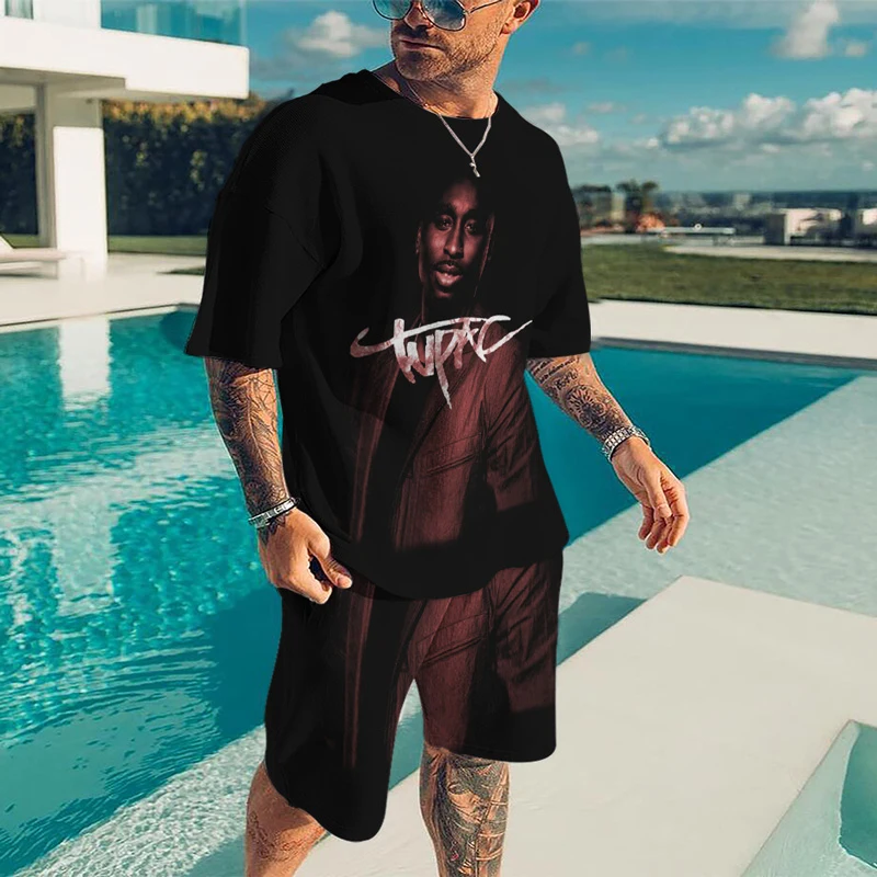 2023 Rap Singer 2pac Trendy Men T Shirt Set 3D Print Tupac Hip Hop Streetwear Oversize O-Neck Short Sleeve Tshirts Fashion Cloth 6
